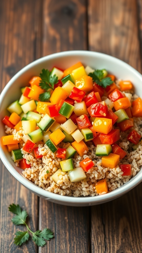A colorful quinoa bowl with bell peppers, cucumbers, carrots, and parsley, served on a wooden table.